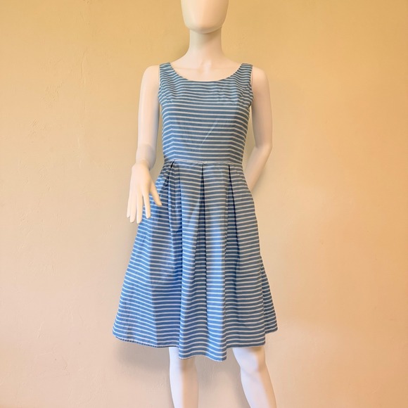 Eliza J Dresses & Skirts - Eliza‎ J Blue White Striped Cotton Fit Flare Dress Sleeveless Pleated Size 2